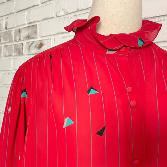 Vintage Red Teal Geometric Print Ruffle Sheer Long Sleeve Gathered Shoulder Top - Picture 5 of 11